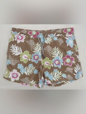 Vilebrequin Brown Floral Drawstring Swim Shorts with Blue Pink Green Accents